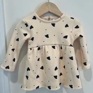 Zara Baby Girl Fleece Lined Dress Cream With Black Hearts Size 6-9 Months